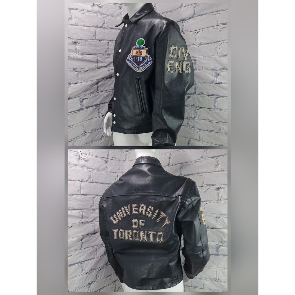 University of Toronto Vintage 1989 Leather Letterman Jacket Navy 44 Large Medium